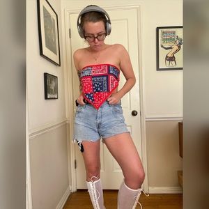 70s Vintage Red and Blue Bandana Print Scarf